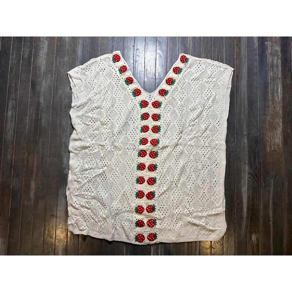 Bloomchic Cream Knit Strawberry Crochet V-Neck Sweater Bathing Suit Coverup